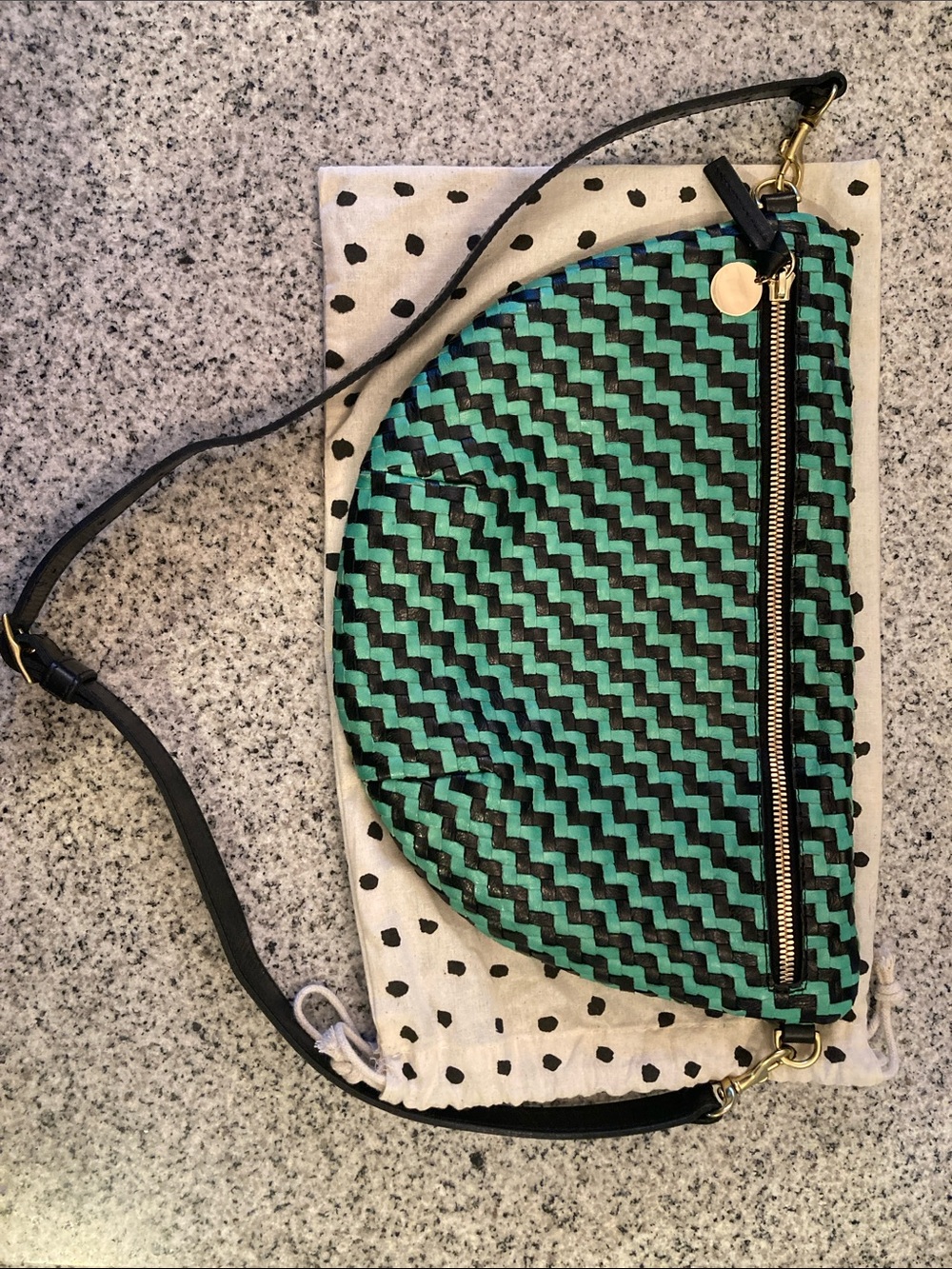 Clare V Grande Fanny in green and black woven leather